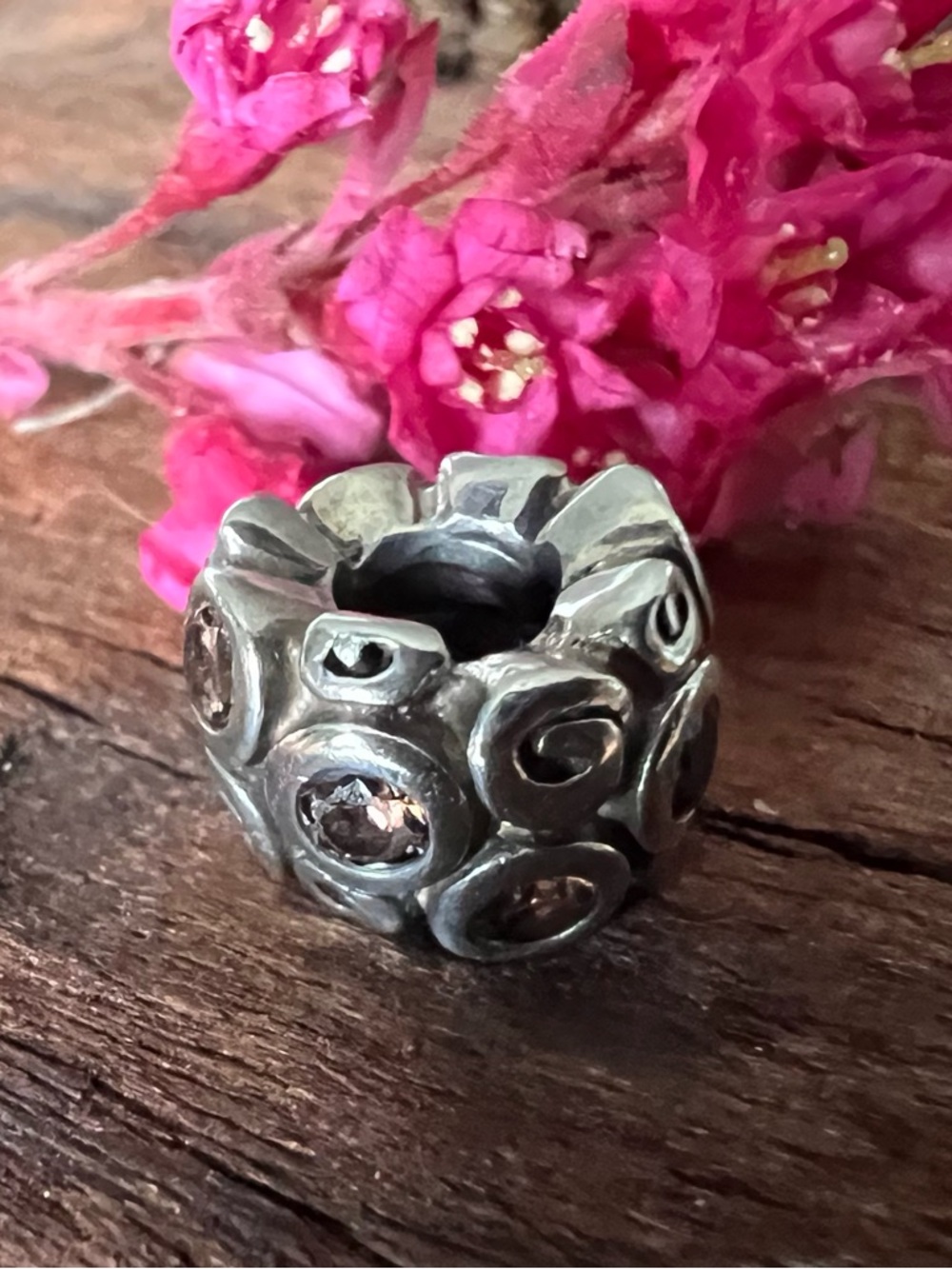 Authentic Pandora Primrose Path Silver Charm Bead Brown Zirconias Oxidized Swirl